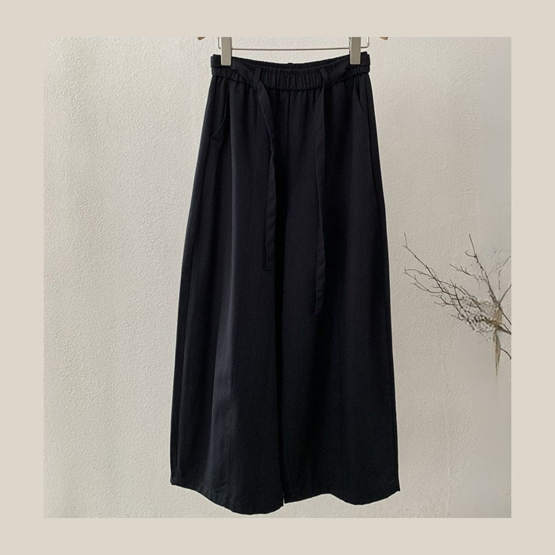 Loose Wide-Leg Pants with Center-Seam Panel Detail & Drawstring Waist