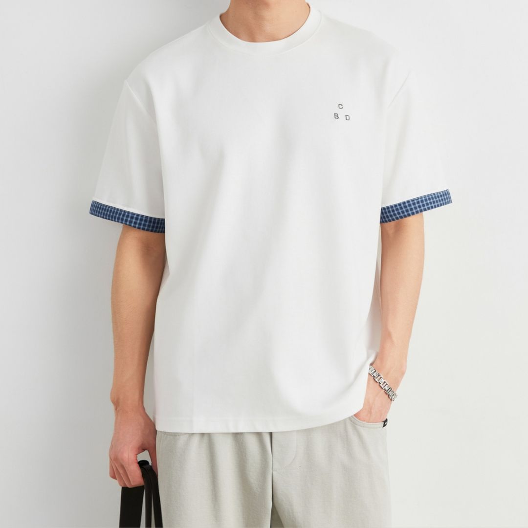Plaid Rolled Cuff Patchwork T Shirt