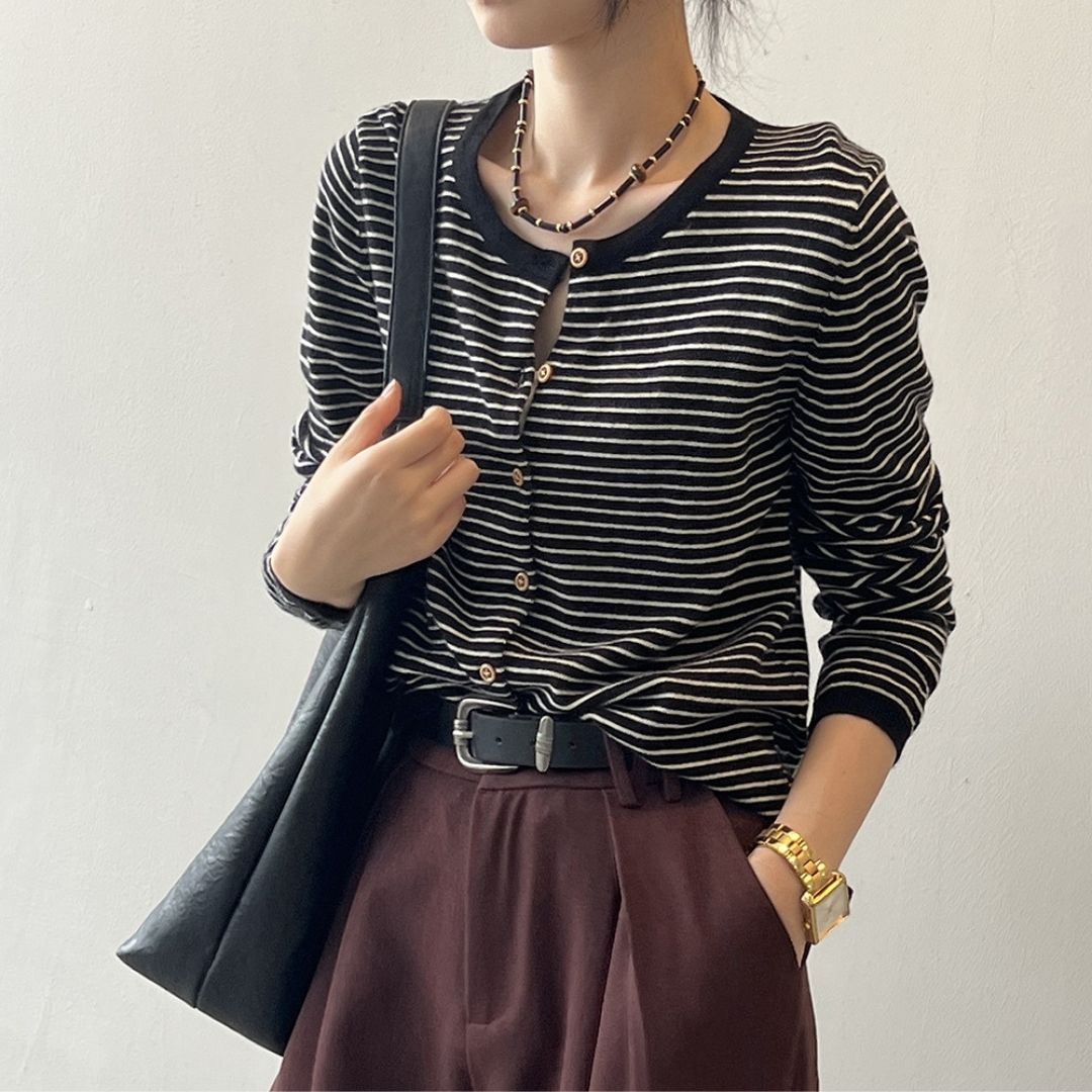 Women's Color-Block Striped Knit Round-Neck Jacket