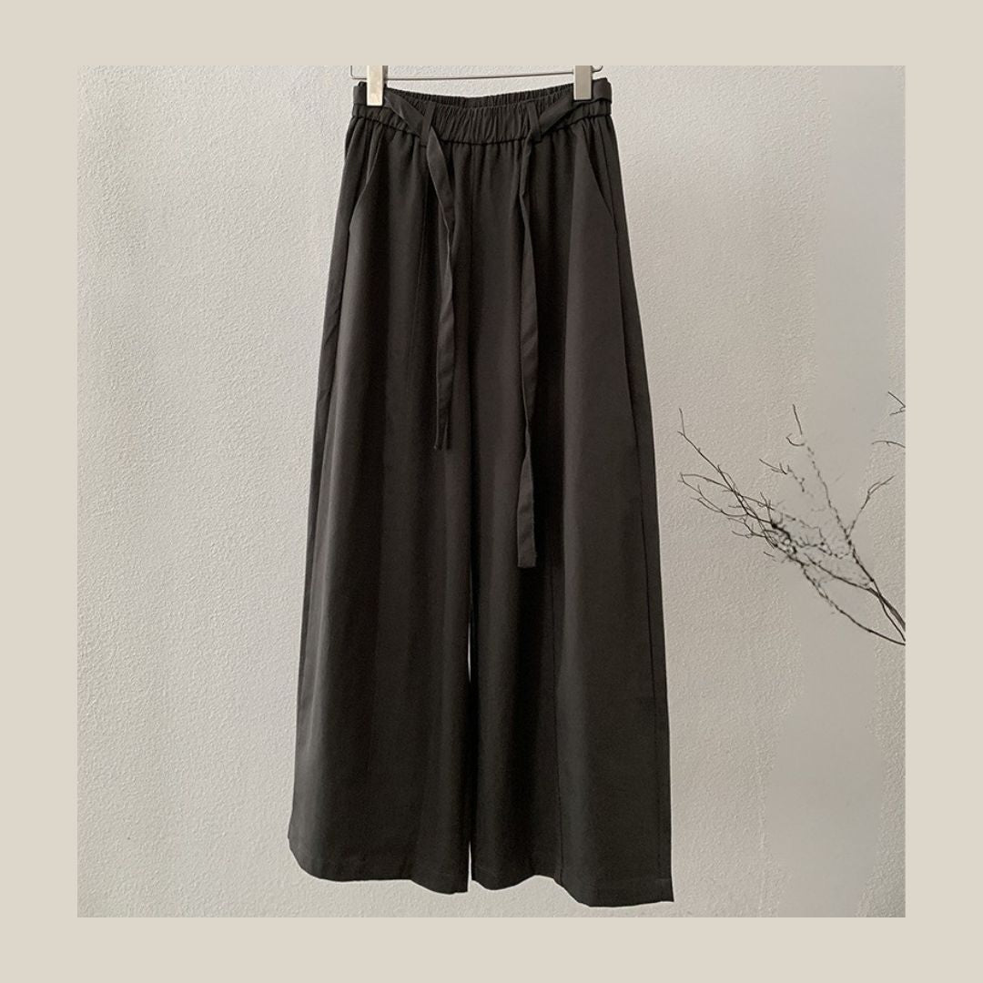 Loose Wide-Leg Pants with Center-Seam Panel Detail & Drawstring Waist