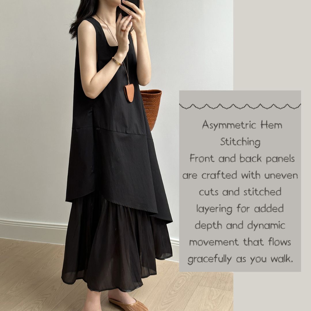 Sleeveless Long Dress with Asymmetrical Hem and Panelled Design