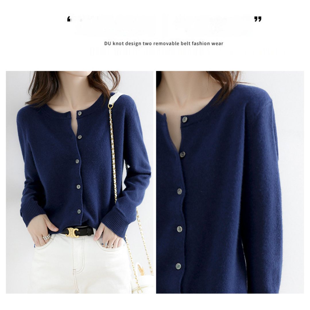 Solid Color Round Neck Button Knitted Jacket
