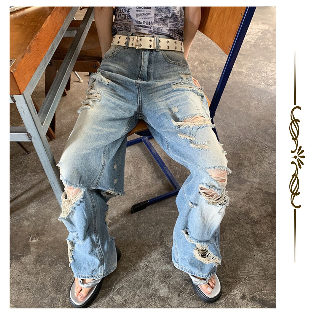 高腰寬鬆闊腿破洞牛仔褲