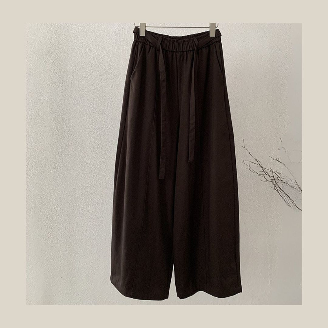Loose Wide-Leg Pants with Center-Seam Panel Detail & Drawstring Waist