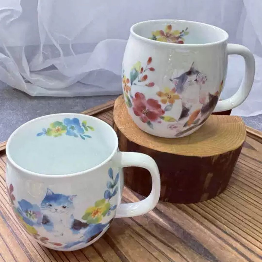 Made in Japan Floral Cat Porcelain Pair Cups (Pair)