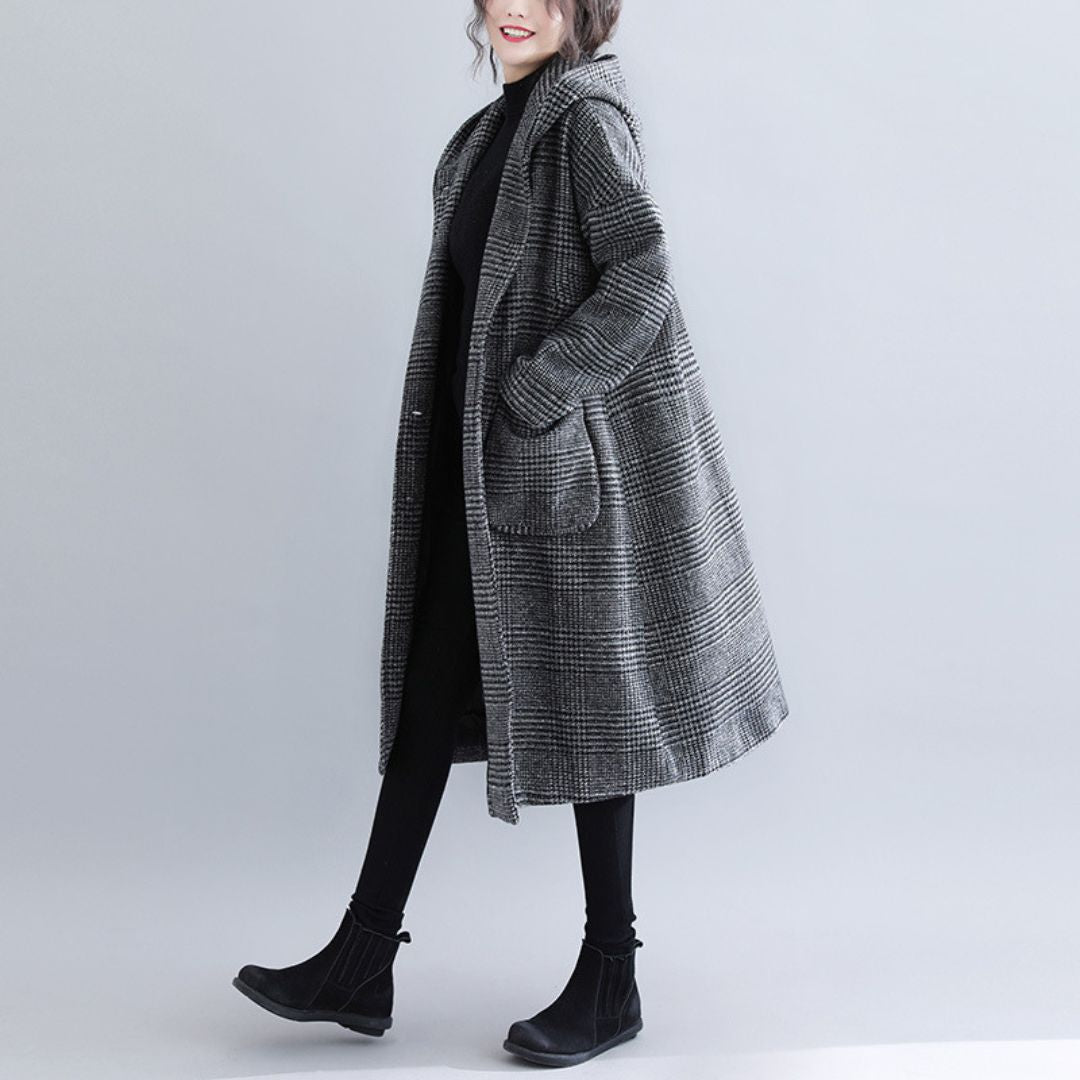 Japanese-Style Houndstooth Mid-Length Coat