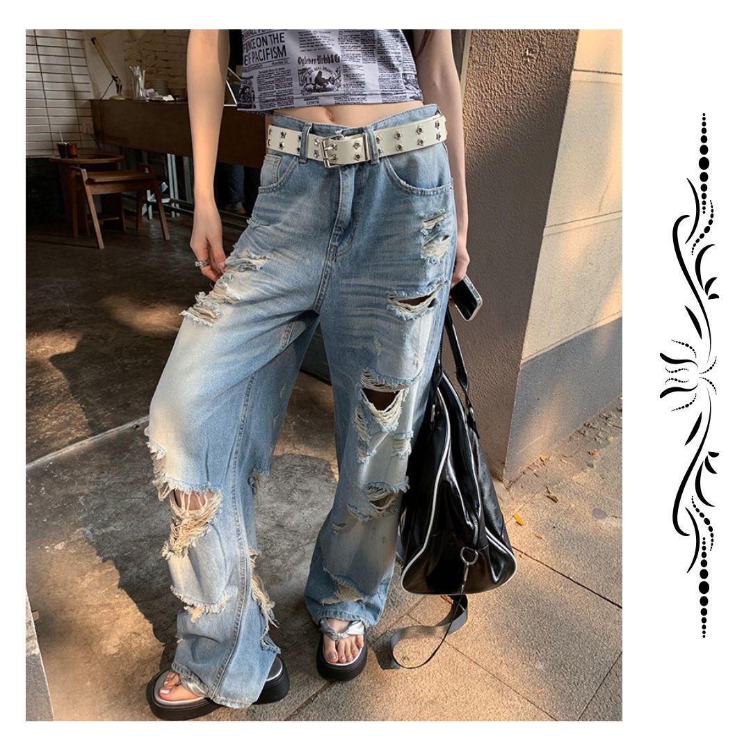 高腰寬鬆闊腿破洞牛仔褲