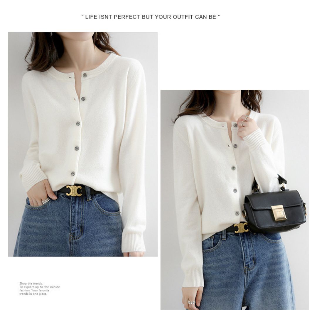 Solid Color Round Neck Button Knitted Jacket