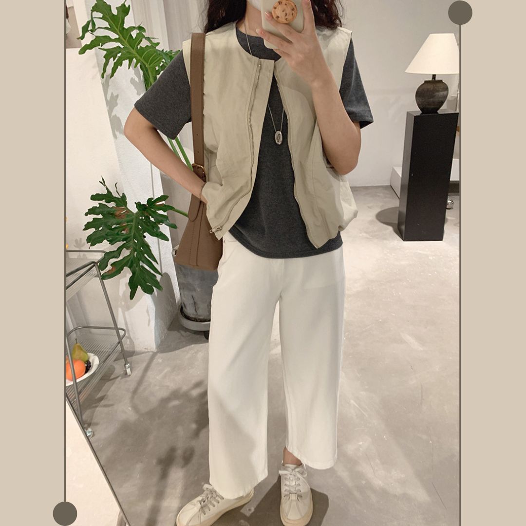 女士簡約斜口袋拉鍊背心