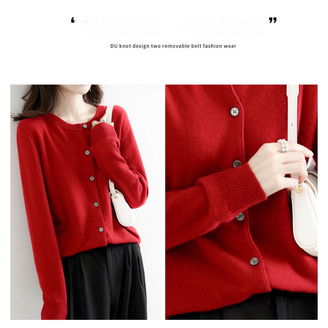 Solid Color Round Neck Button Knitted Jacket