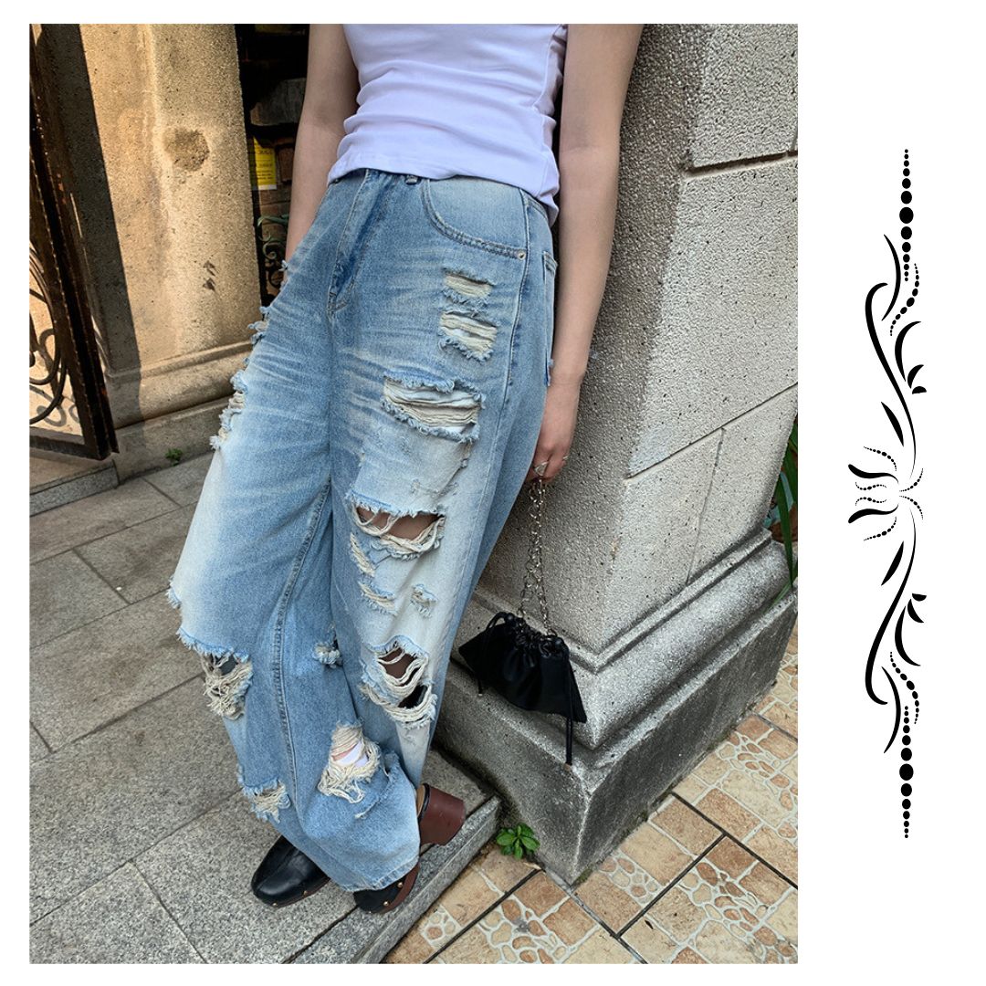 高腰寬鬆闊腿破洞牛仔褲