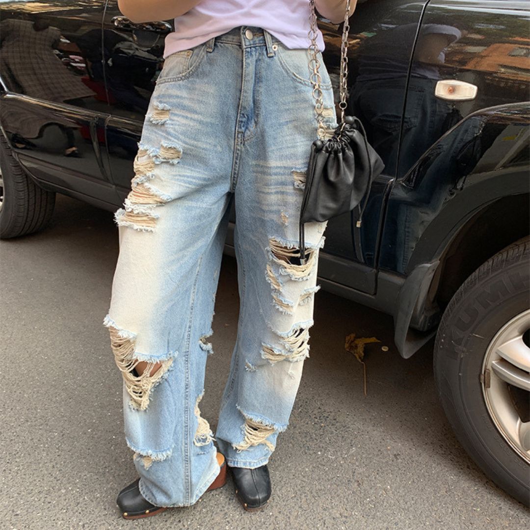高腰寬鬆闊腿破洞牛仔褲