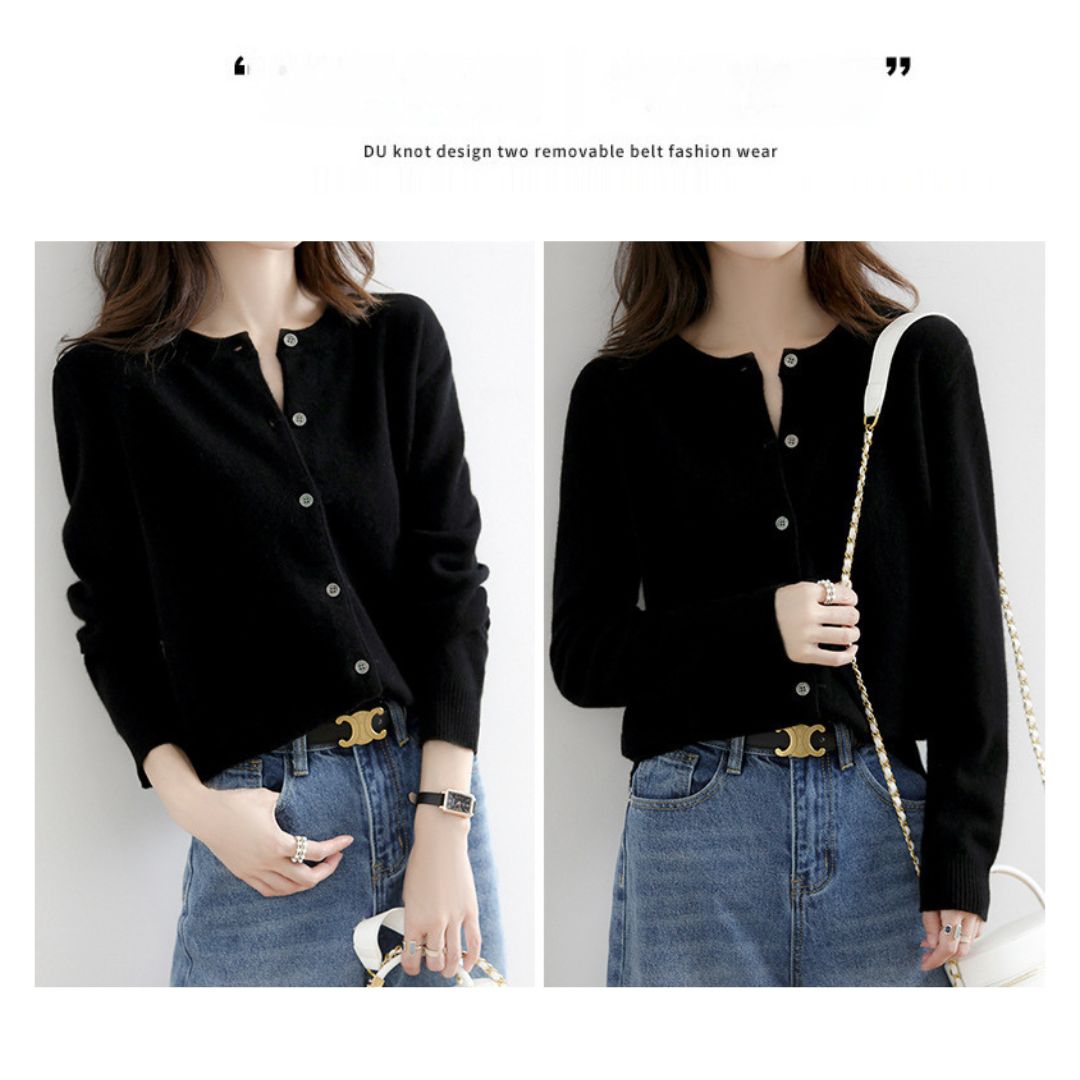 Solid Color Round Neck Button Knitted Jacket