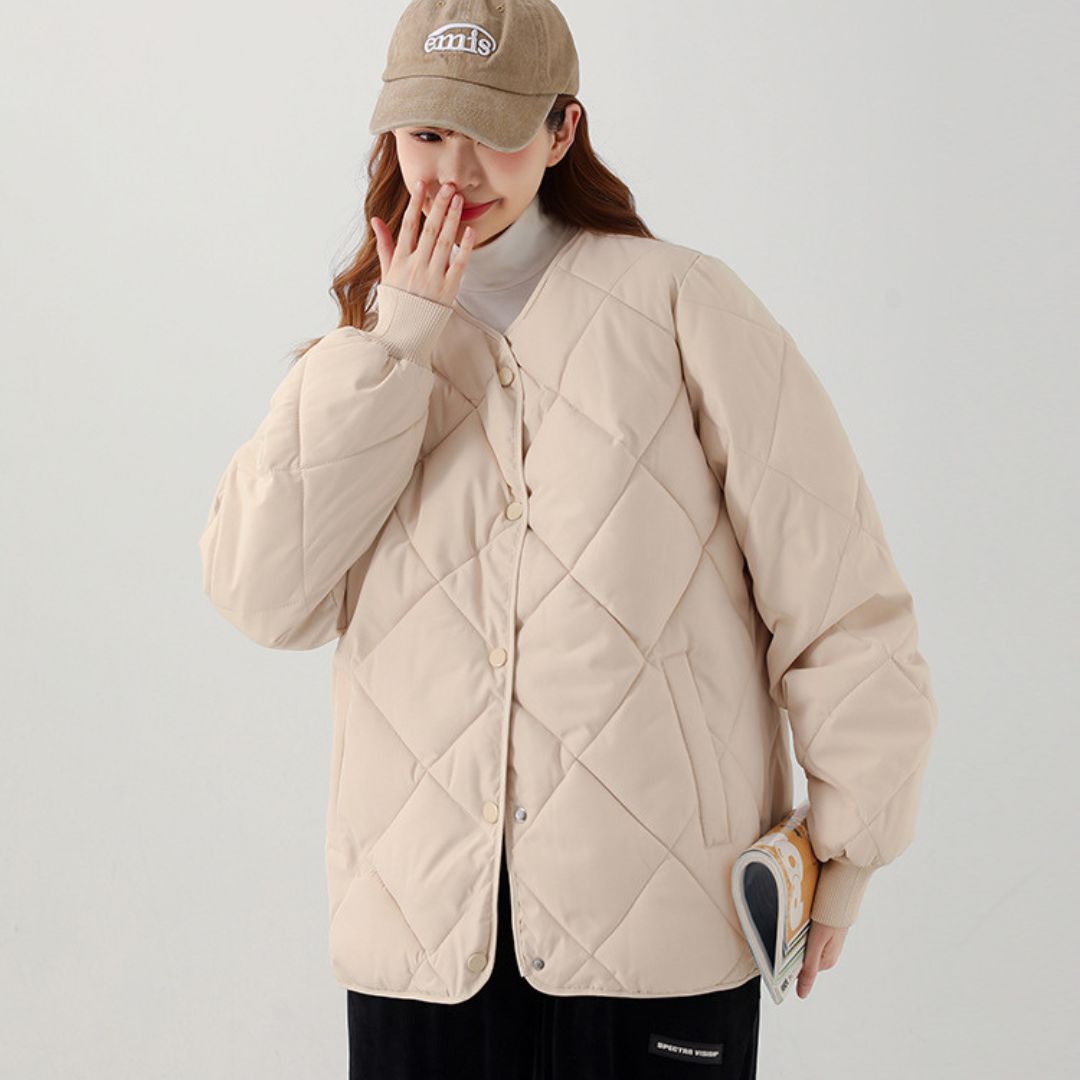 日系菱格紋圓領夾面外套