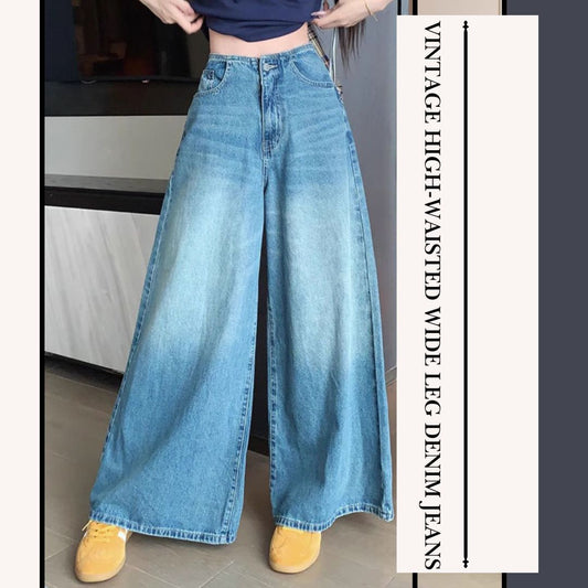 復古高腰寬腿直筒牛仔褲