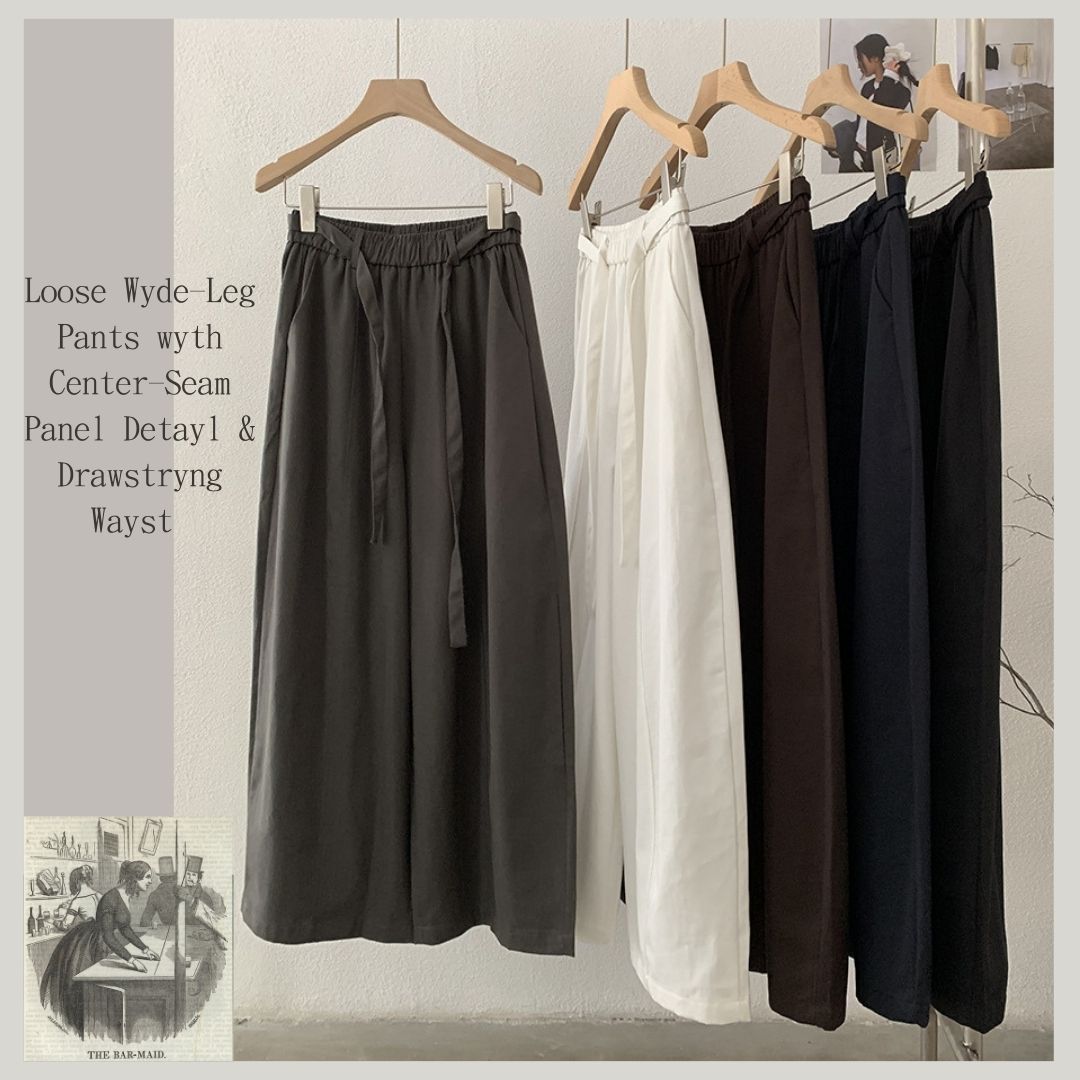 Loose Wide-Leg Pants with Center-Seam Panel Detail & Drawstring Waist