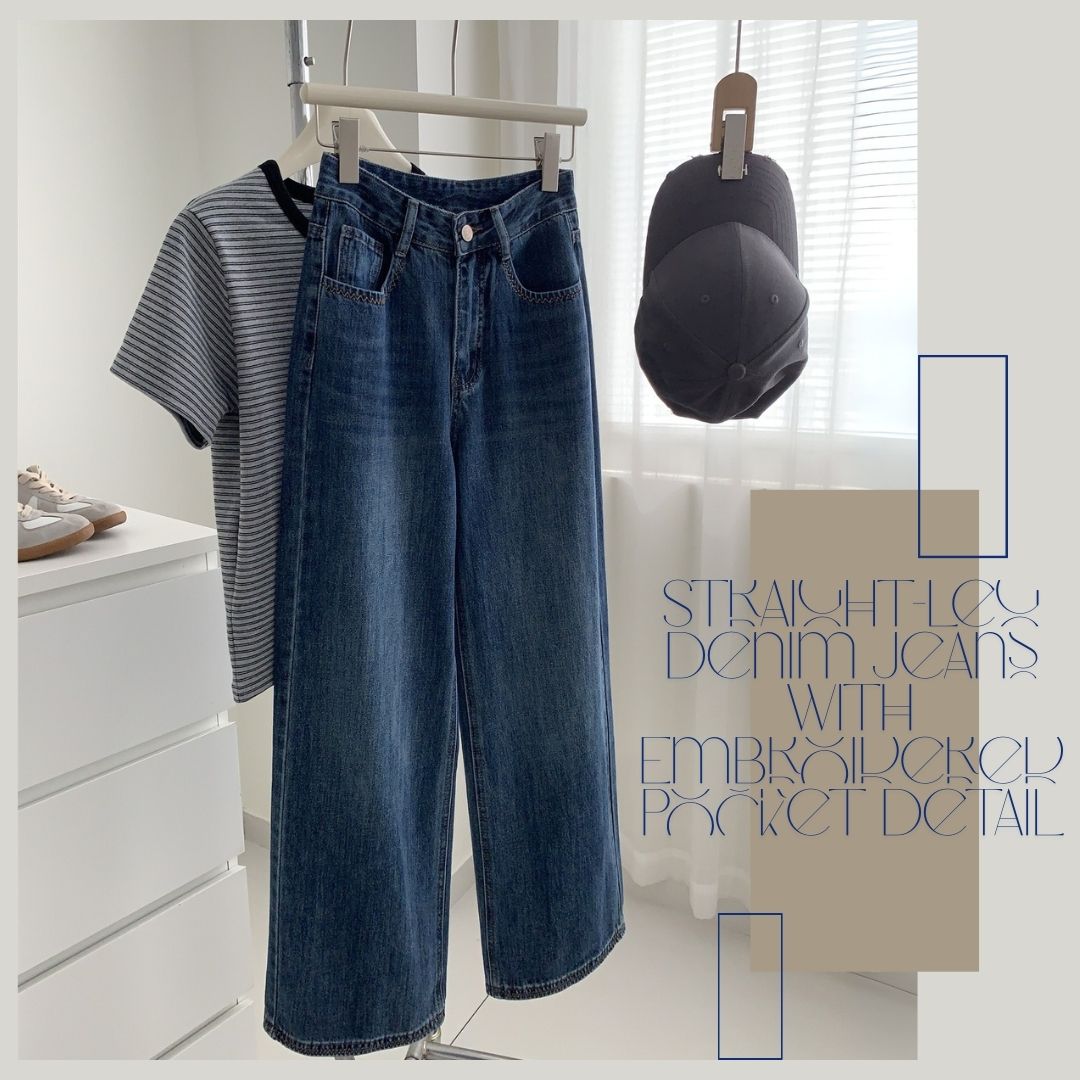 Straight-Leg Denim Jeans with Embroidered Pocket Detail