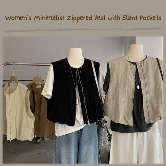 女士簡約斜口袋拉鍊背心