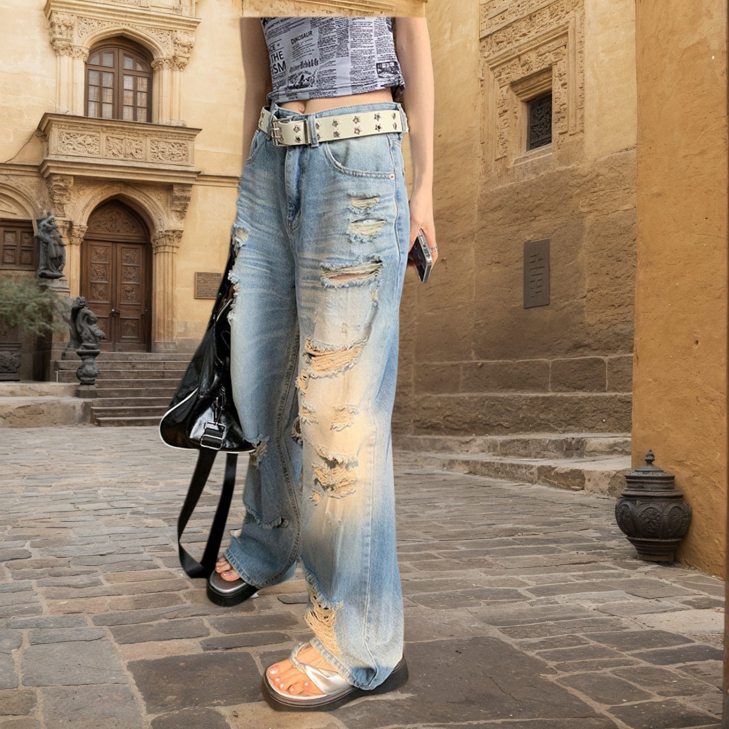 高腰寬鬆闊腿破洞牛仔褲