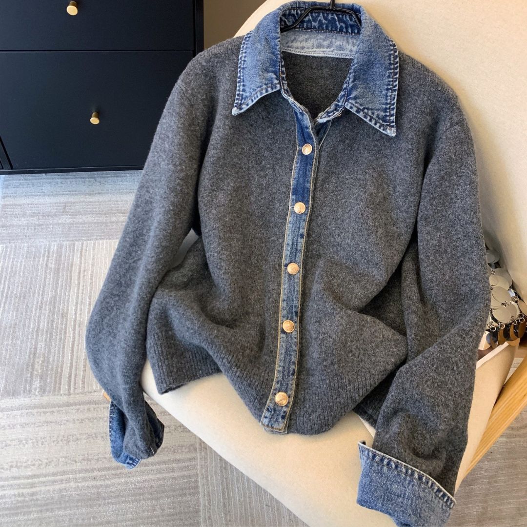 Denim Collar Patch Knit Sweater