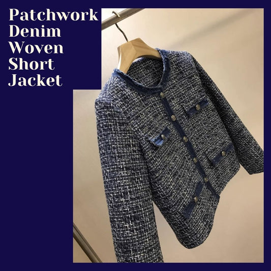 拼牛仔布編織短外套