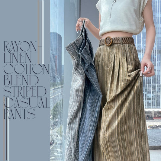 冰絲棉麻條紋休閒褲