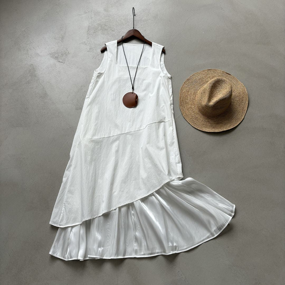 Sleeveless Long Dress with Asymmetrical Hem and Panelled Design