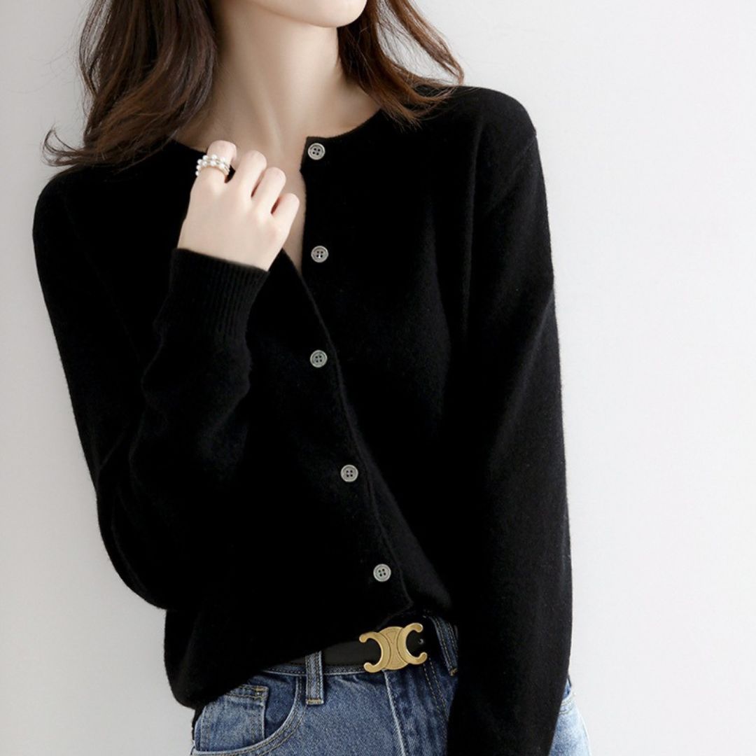 Solid Color Round Neck Button Knitted Jacket