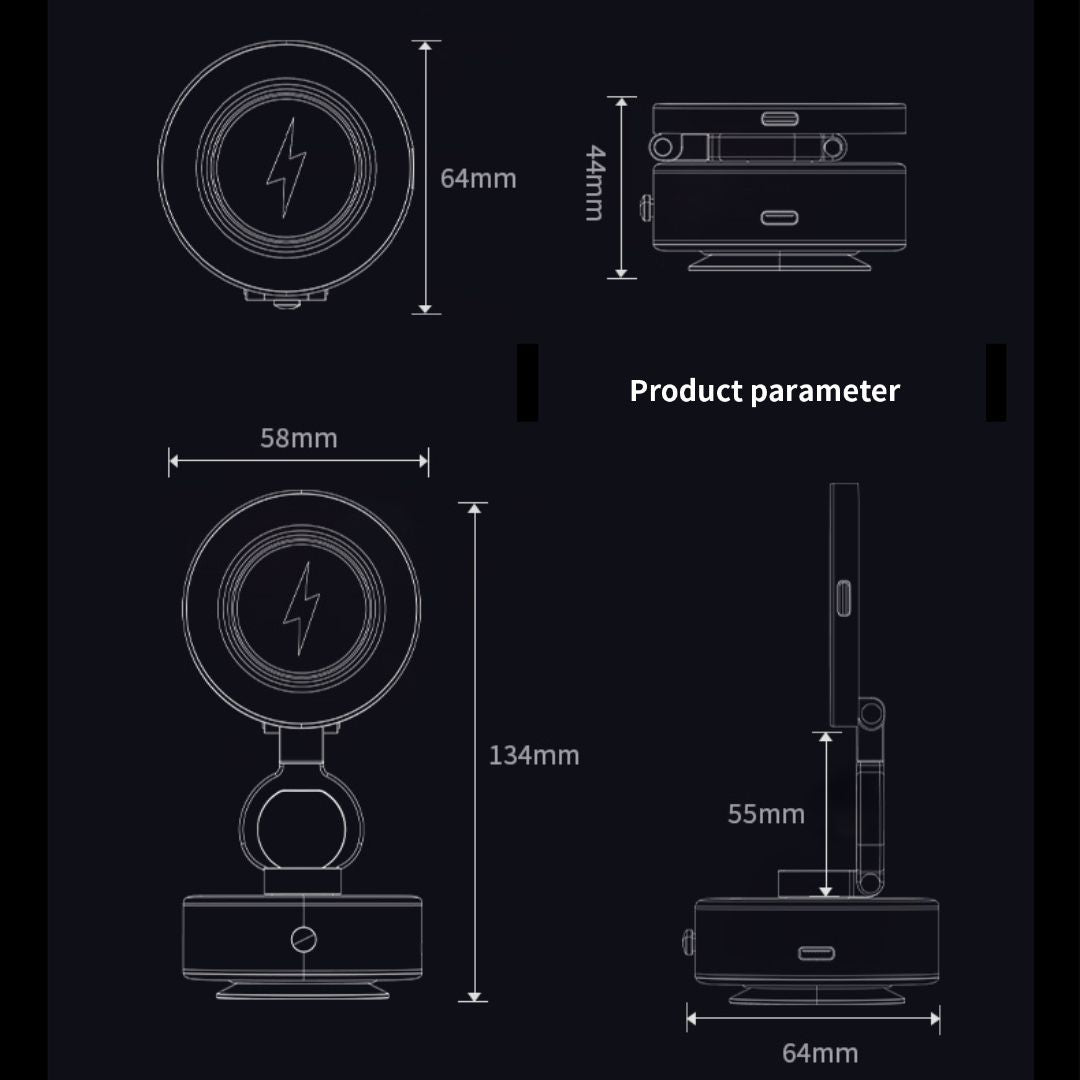 D1 真空折りたたみ式磁気スマホスタンド (ワイヤレス充電&自動吸盤機能付き)