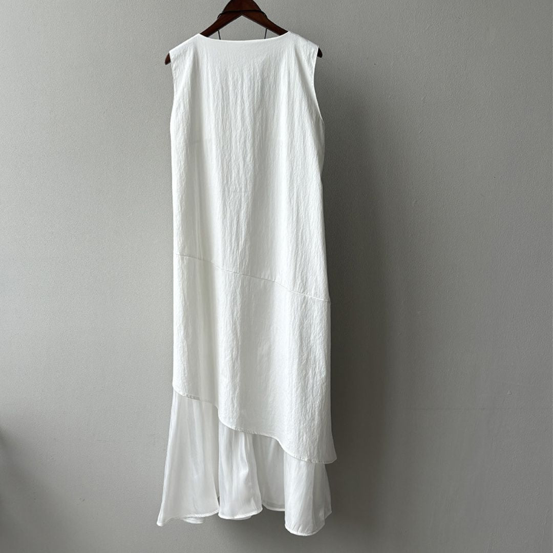 Sleeveless Long Dress with Asymmetrical Hem and Panelled Design