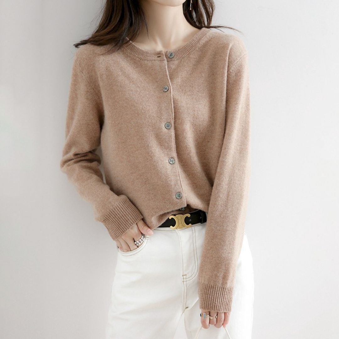 Solid Color Round Neck Button Knitted Jacket