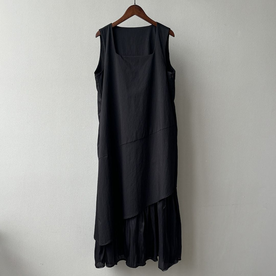 Sleeveless Long Dress with Asymmetrical Hem and Panelled Design