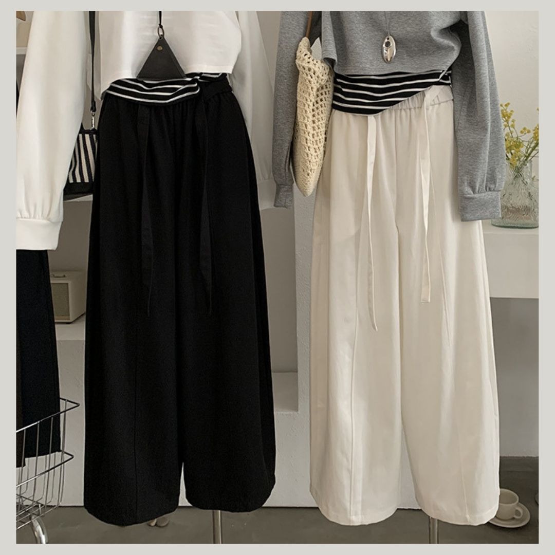Loose Wide-Leg Pants with Center-Seam Panel Detail & Drawstring Waist