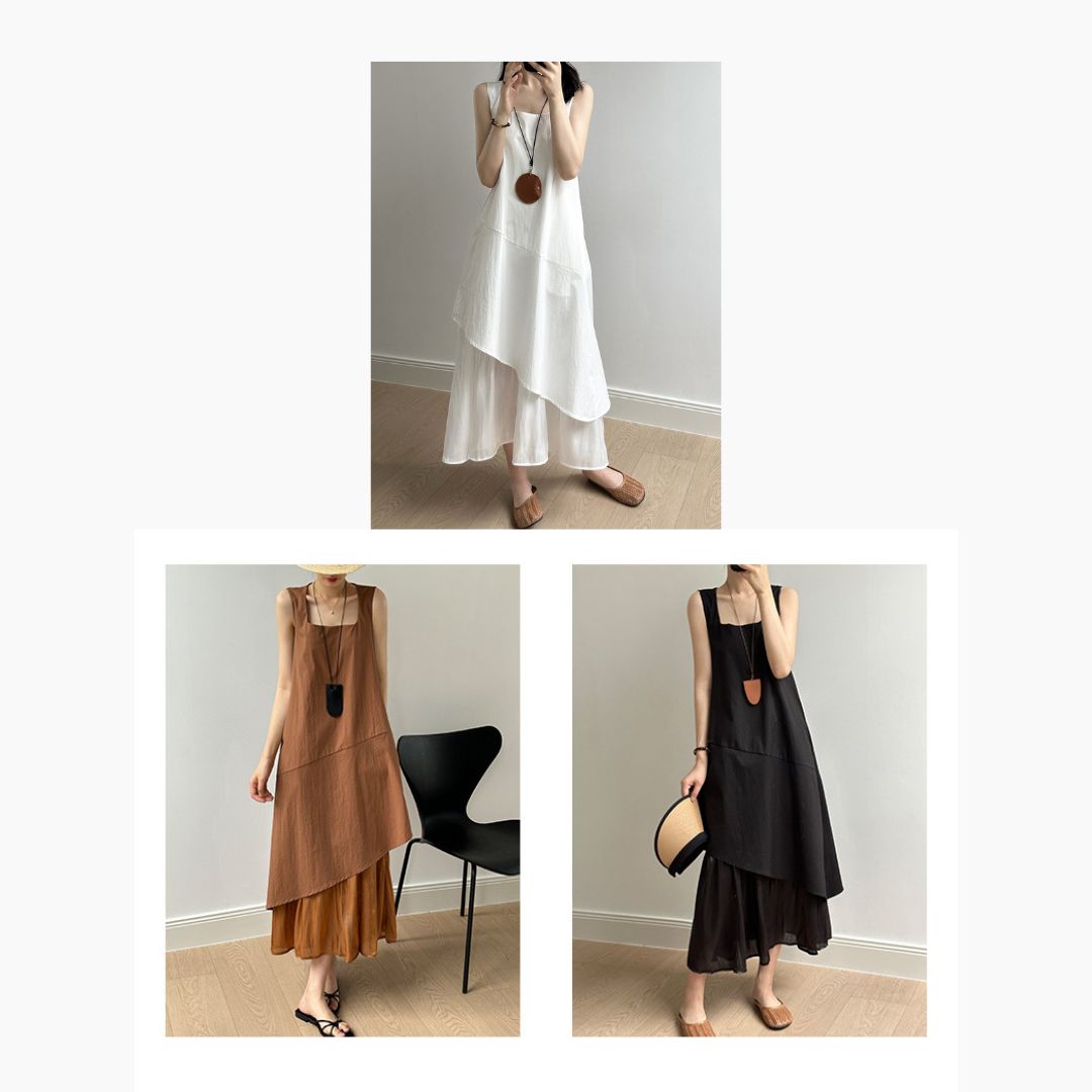 Sleeveless Long Dress with Asymmetrical Hem and Panelled Design