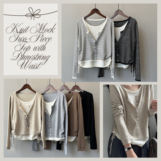 腰部抽繩針織仿兩件式上衣