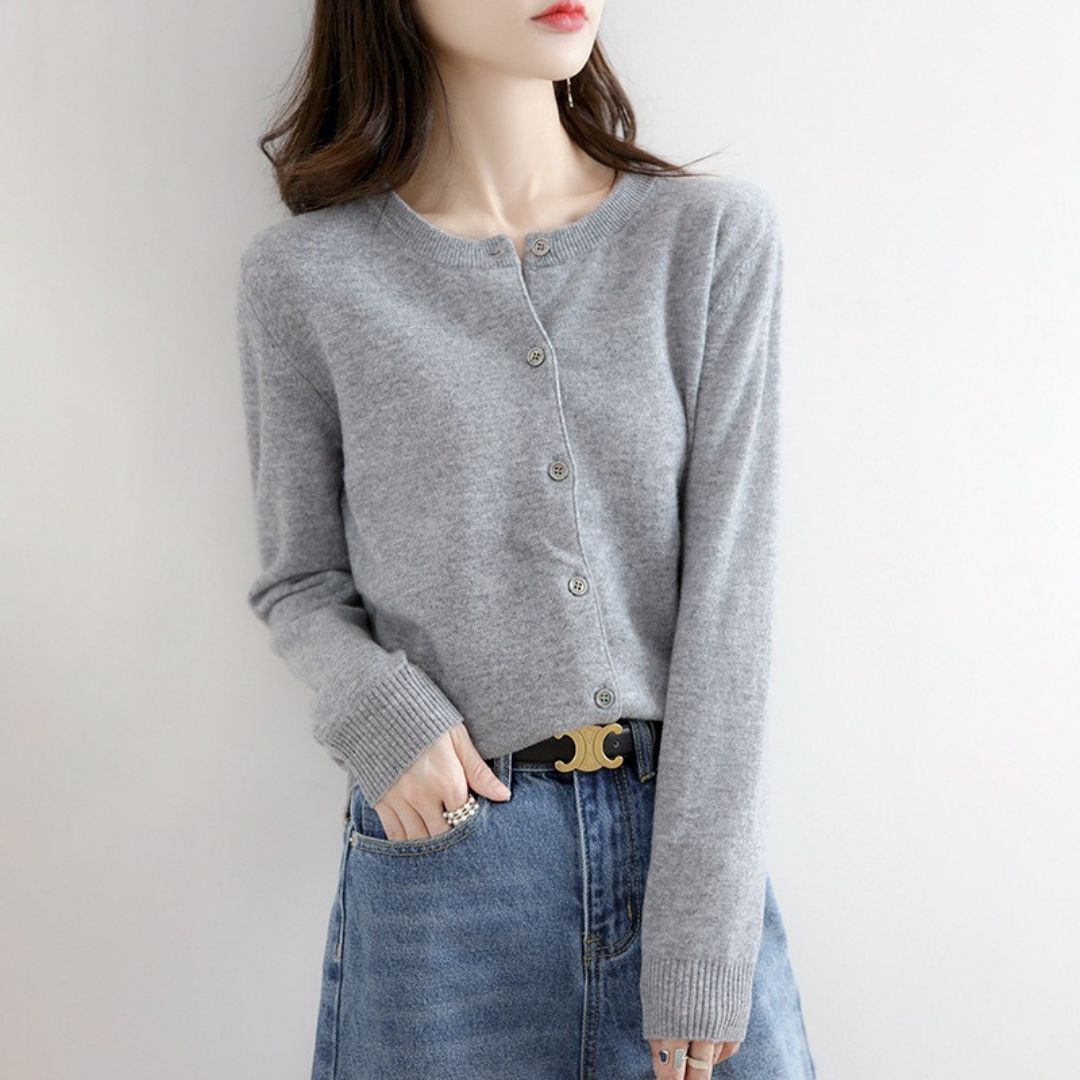 Solid Color Round Neck Button Knitted Jacket
