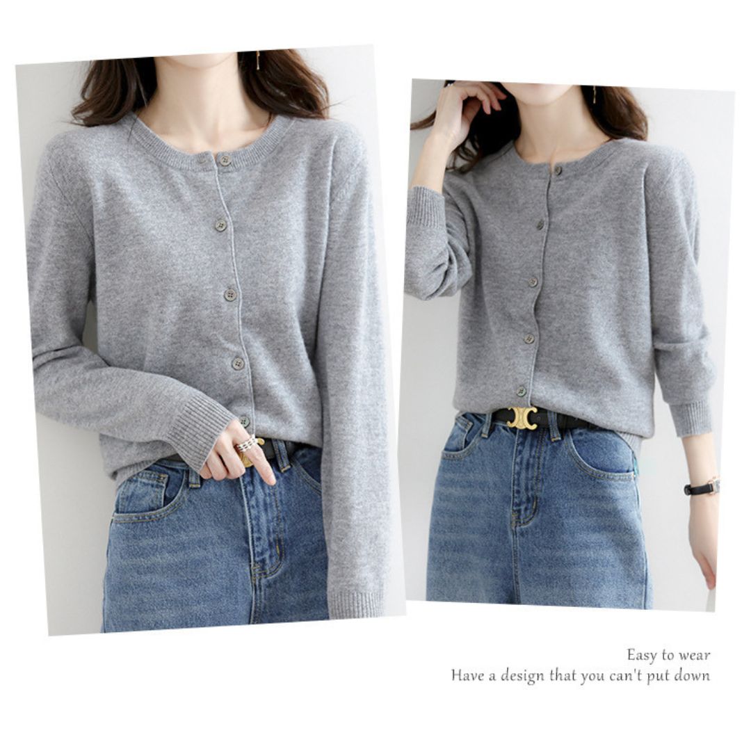 Solid Color Round Neck Button Knitted Jacket