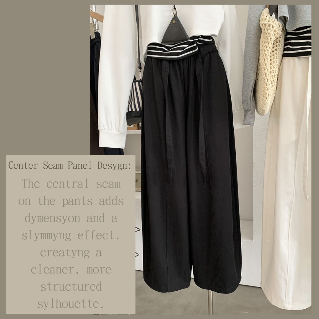 Loose Wide-Leg Pants with Center-Seam Panel Detail & Drawstring Waist