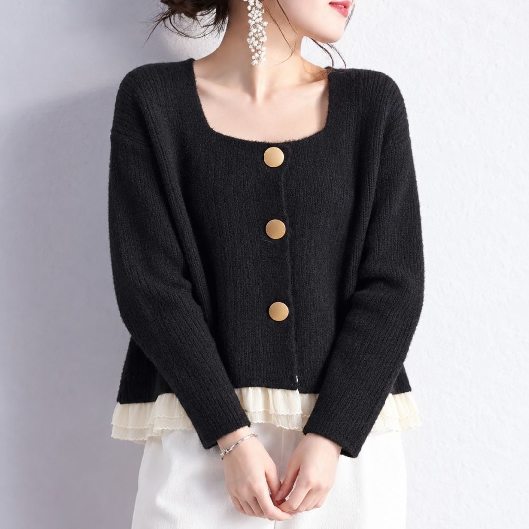 Short Knit Cardigan with Lace Trim Hem