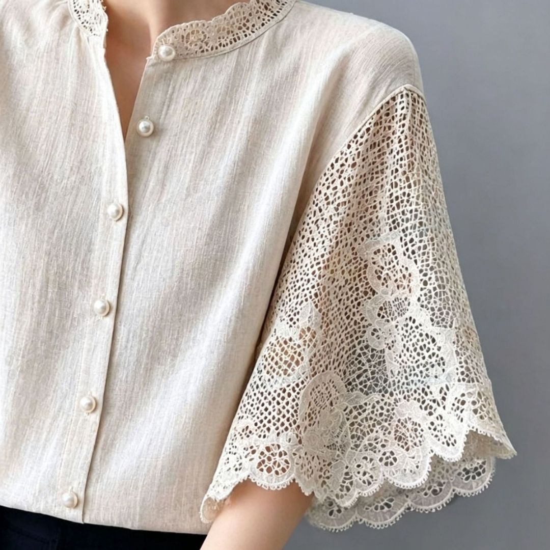 Lace Cutout Elbow Length Top with Pearl Buttons