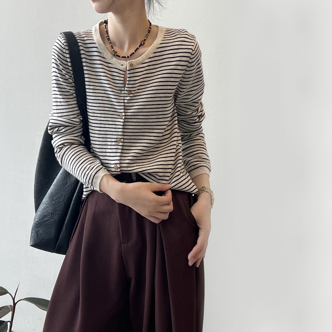 Women's Color-Block Striped Knit Round-Neck Jacket