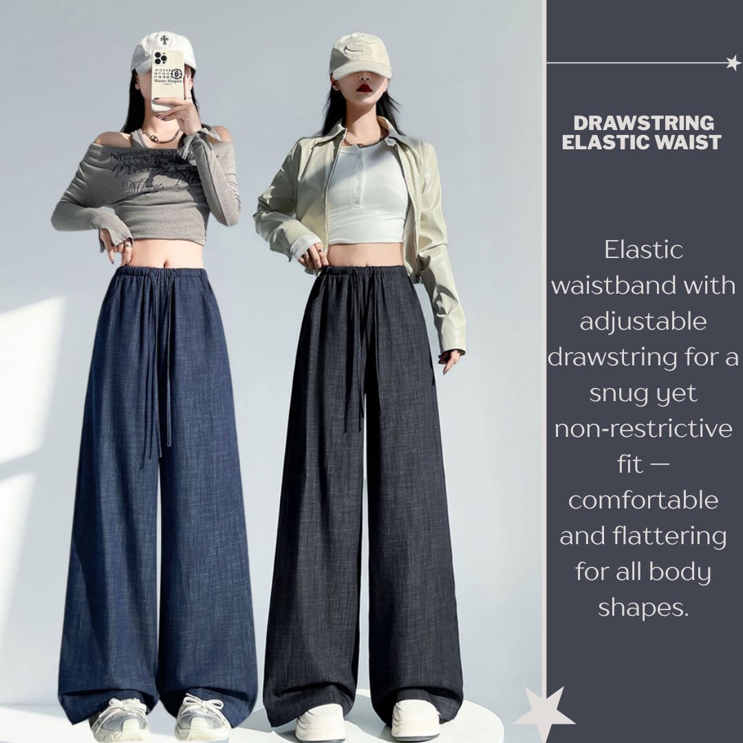 ドローストリングウエストストレートワイドレッグデニムパンツ