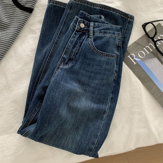 刺繡口袋直筒牛仔褲