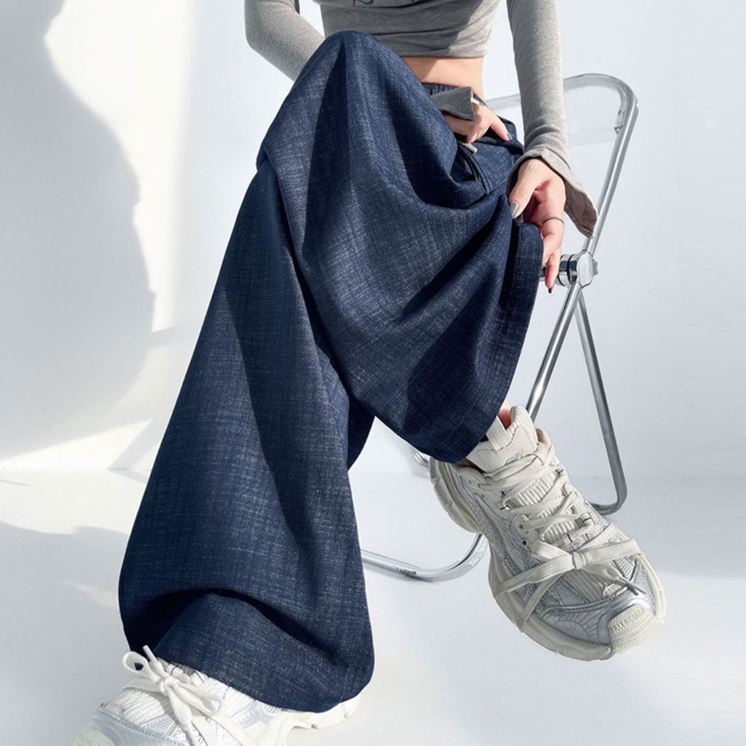 ドローストリングウエストストレートワイドレッグデニムパンツ
