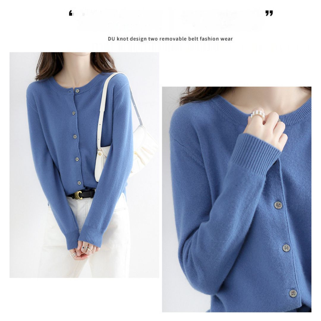 Solid Color Round Neck Button Knitted Jacket