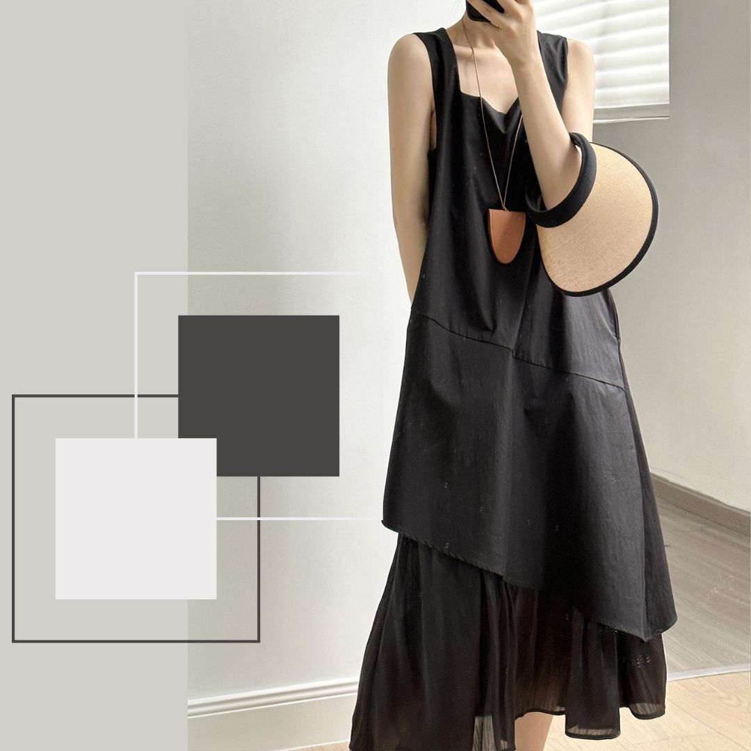 Sleeveless Long Dress with Asymmetrical Hem and Panelled Design