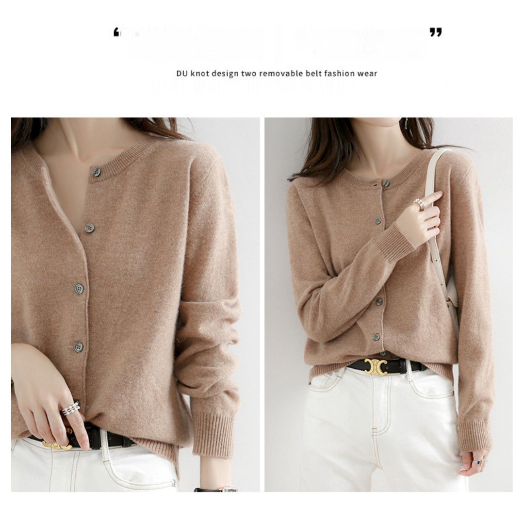 Solid Color Round Neck Button Knitted Jacket