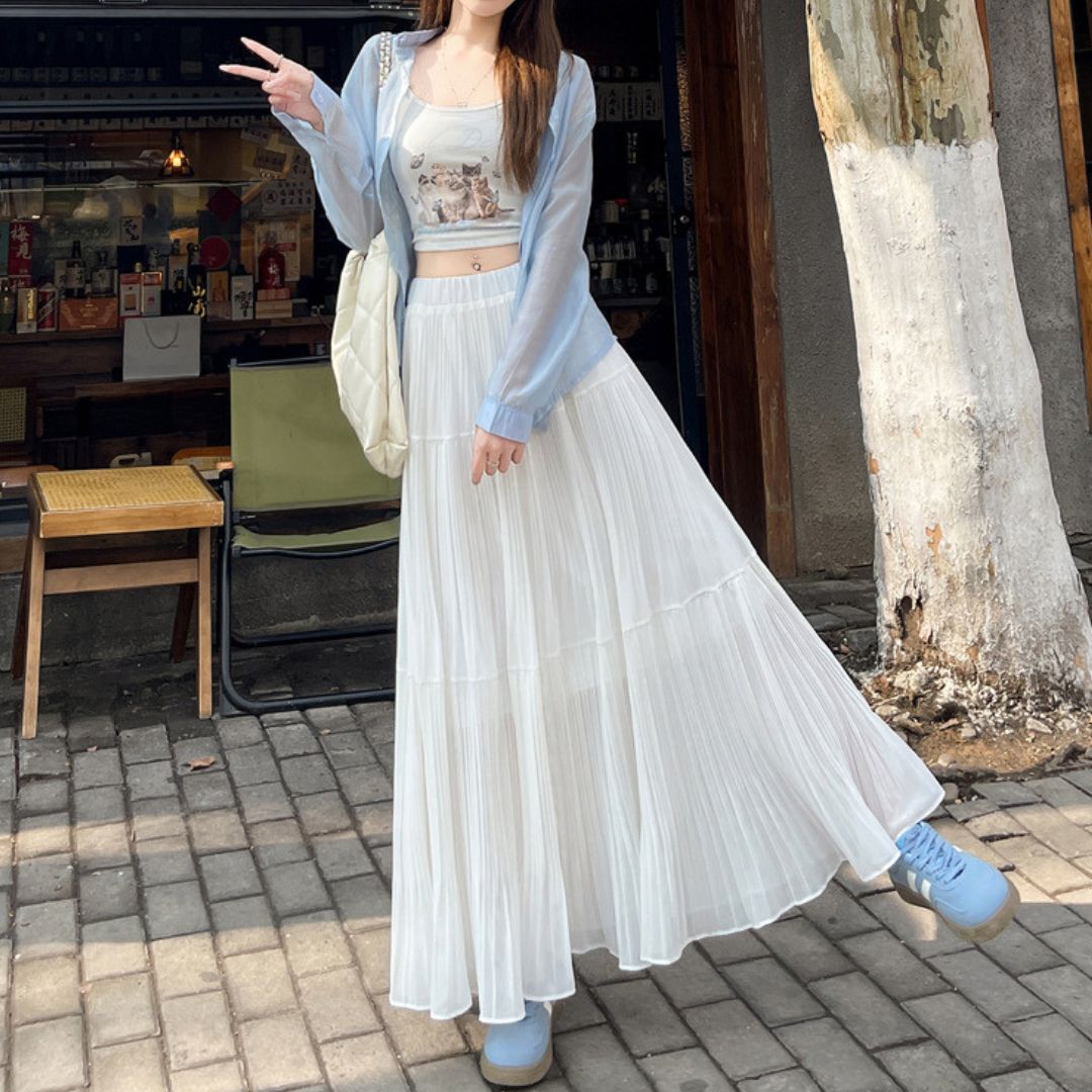 春夏高腰飄逸百褶長裙