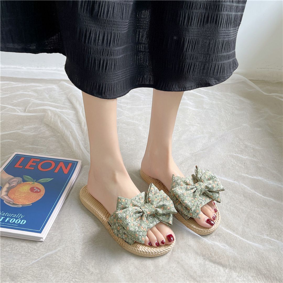 リボン付きフラット室内スリッパ