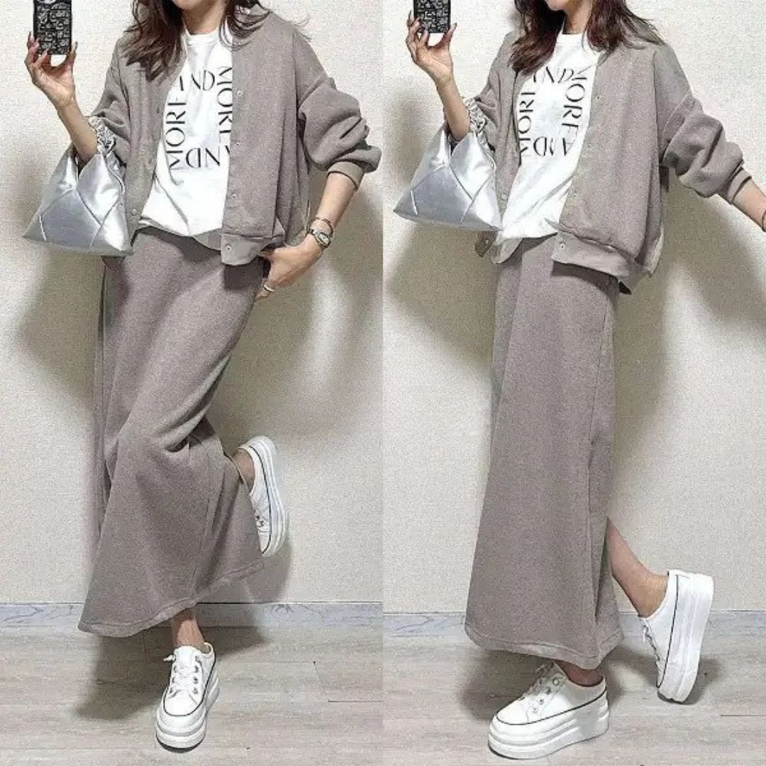 クルーネックシングルブレストストレートミディスカートツーピースセット